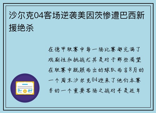 沙尔克04客场逆袭美因茨惨遭巴西新援绝杀