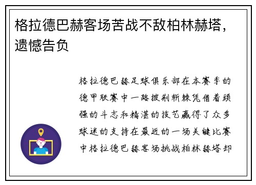 格拉德巴赫客场苦战不敌柏林赫塔,遗憾告负